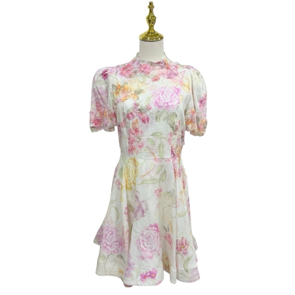 Antonio Melani Iris Linen 3D Floral Print Mockneck Short Sleeve Dress Ivory NWT